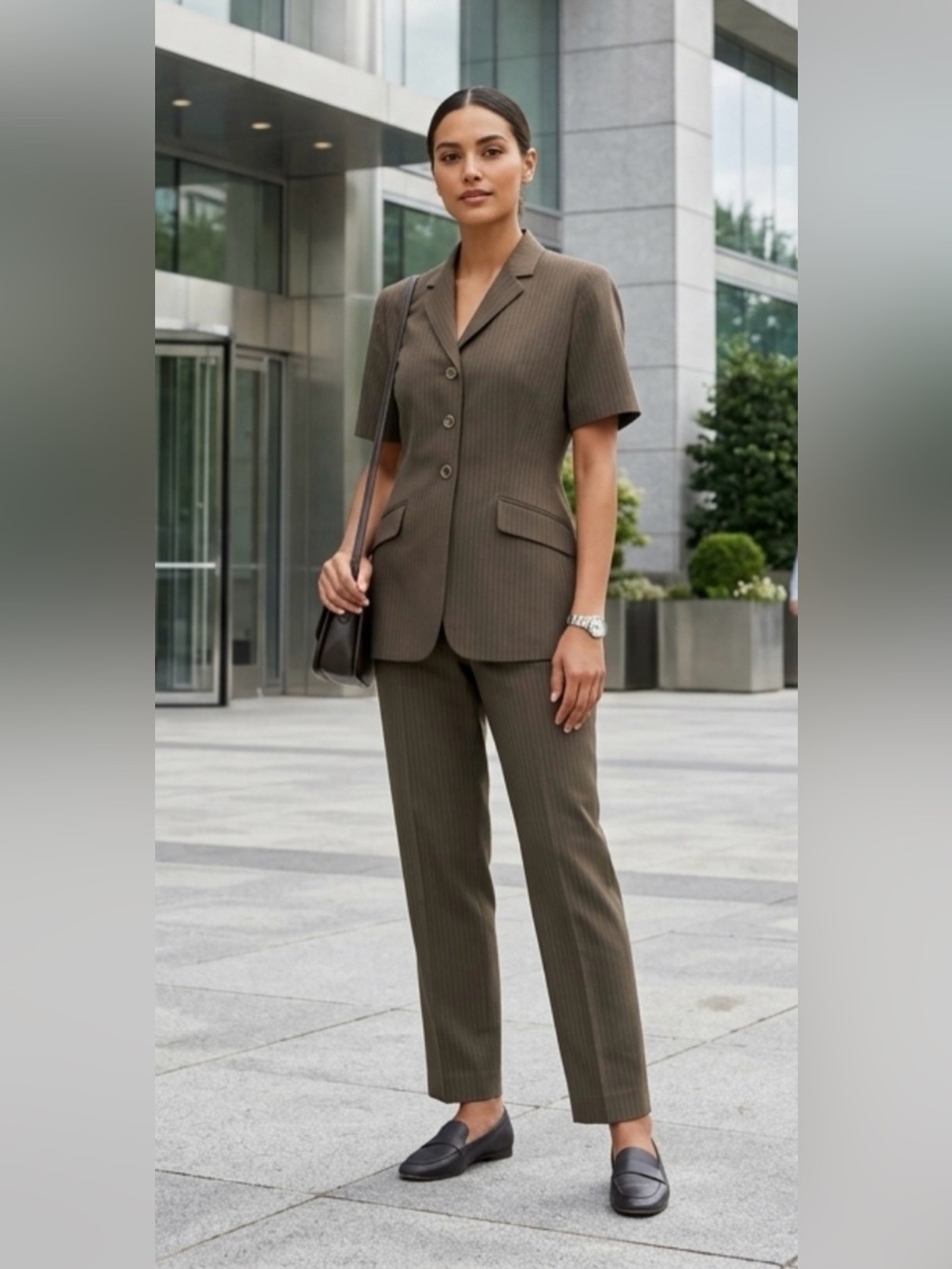 VTG Kasper Brown Pinstripe Short-Sleeve Fully-Lined Pant Suit, Size 6P